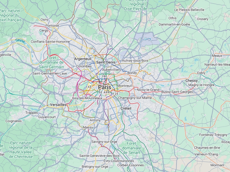 Carte des Transports RER et Trains Paris Île-de-France Carte des transports en Île-de-France montrant les lignes RER et trains de banlieue autour de Paris et sa métropole.