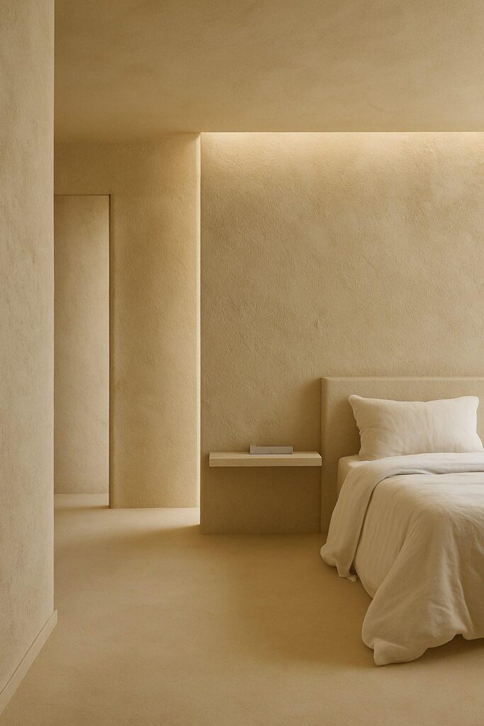 Design Chambre Minimaliste Beige : Ambiance Sereine et Épurée Chambre minimaliste beige, murs en crépi texturé, éclairage indirect doux et lit aux tons neutres.