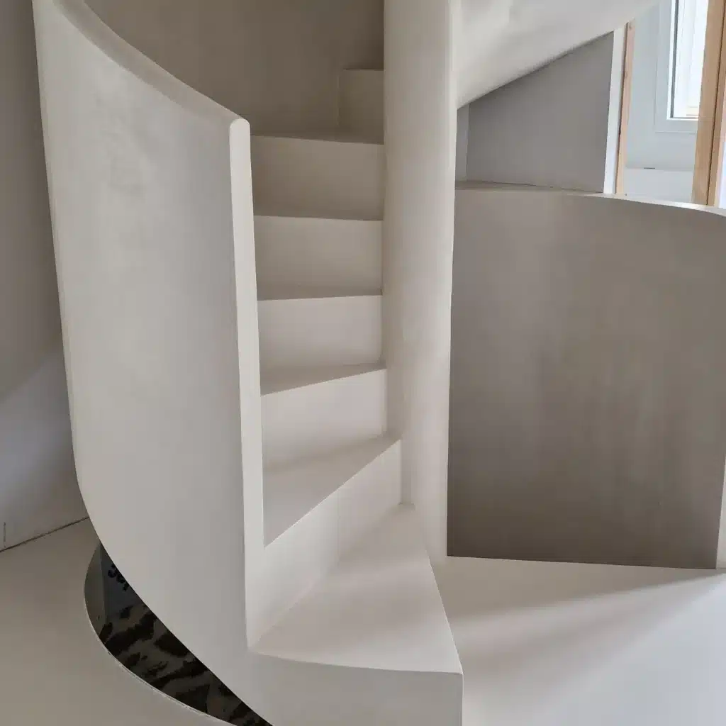 Escalier Colimaçon Moderne en Béton Blanc Minimaliste Escalier en colimaçon moderne en béton blanc au design épuré et minimaliste pour un intérieur contemporain.