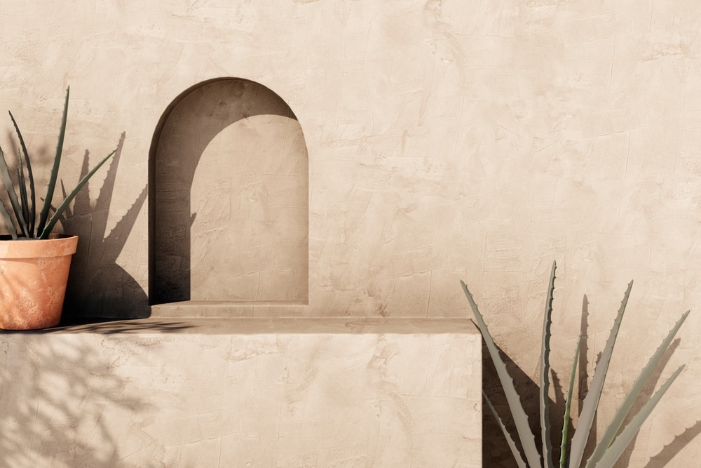 Mur Beige à Niche Arquée et Aloe Vera : Déco Minimaliste Mur beige texturé avec niche arquée, plantes aloe vera et ombres portées douces dans un style minimaliste.