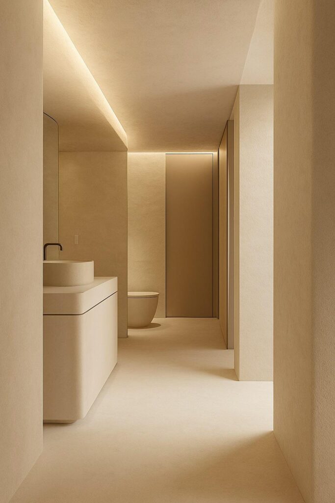 Salle de Bain Minimaliste Design Beige et Éclairage Zen Salle de bain minimaliste beige, éclairage indirect doux, vasque design et texture minérale épurée.